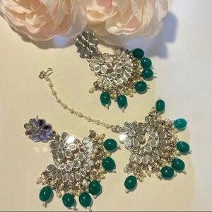 Indian Silver and Green Earrings and Tikka Set for Women Party Wear Jewelry Set